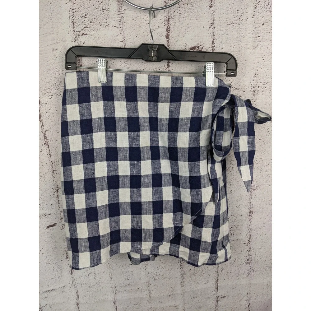 Reformation Sax Linen Wrap Mini Skirt Navy White Gingham Check Size L